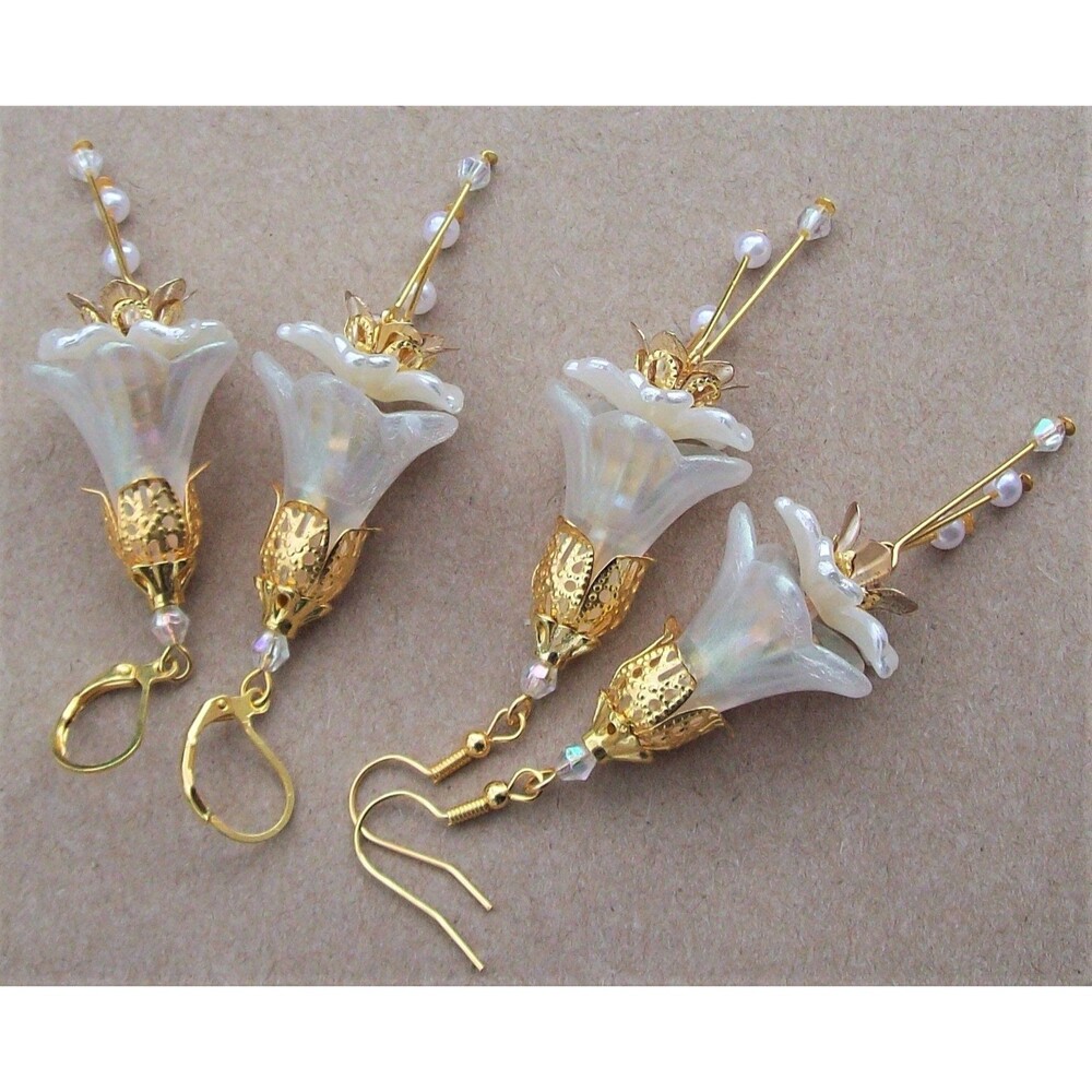 Boho Bridal Earrings Dangle, Flower Earrings, Opalescent White, Wedding Jewelry